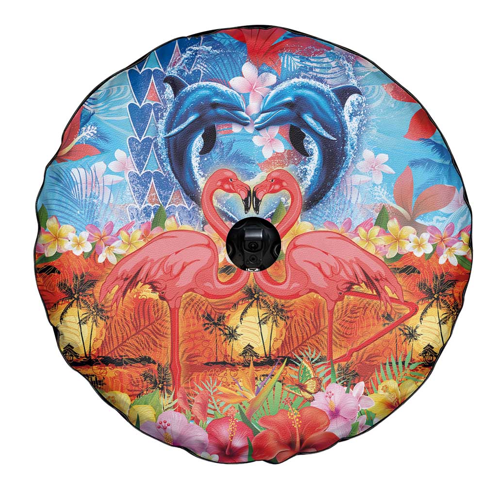 Hawaiian Love-Couple Dolphins and Flamingos Spare Tire Cover - Polynesian Pride