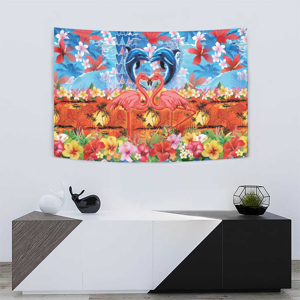 Hawaiian Love-Couple Dolphins and Flamingos Tapestry - Polynesian Pride