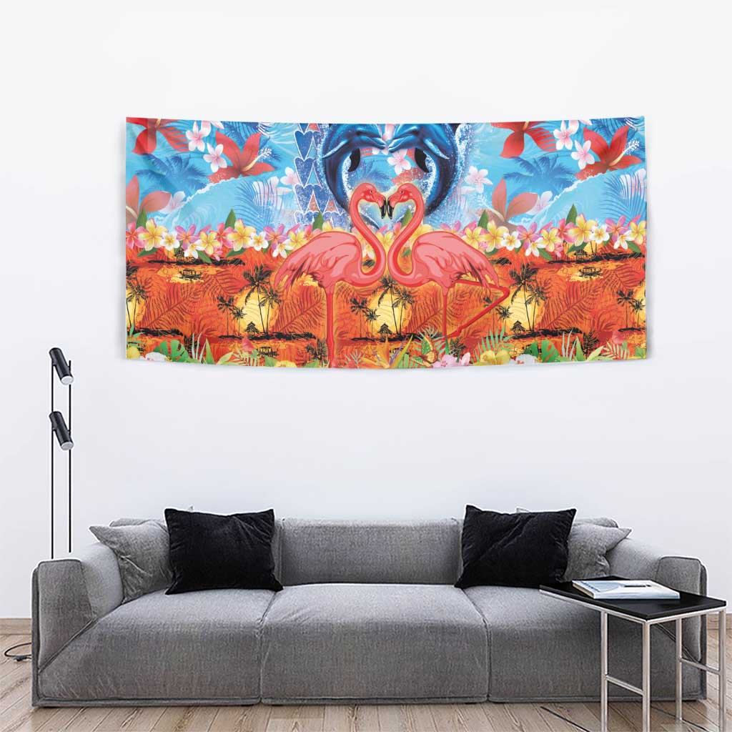 Hawaiian Love-Couple Dolphins and Flamingos Tapestry - Polynesian Pride