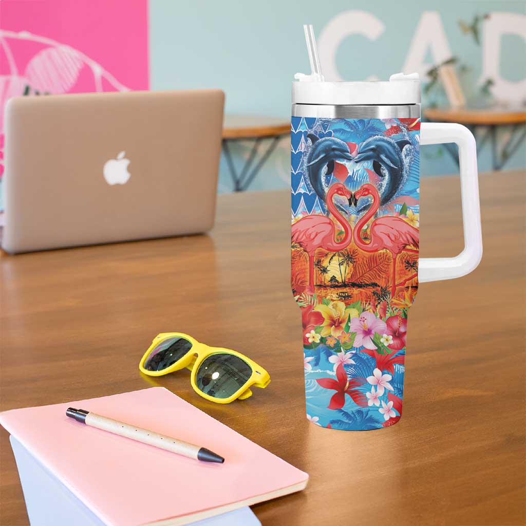 Hawaiian Love-Couple Dolphins and Flamingos Tumbler With Handle - Polynesian Pride