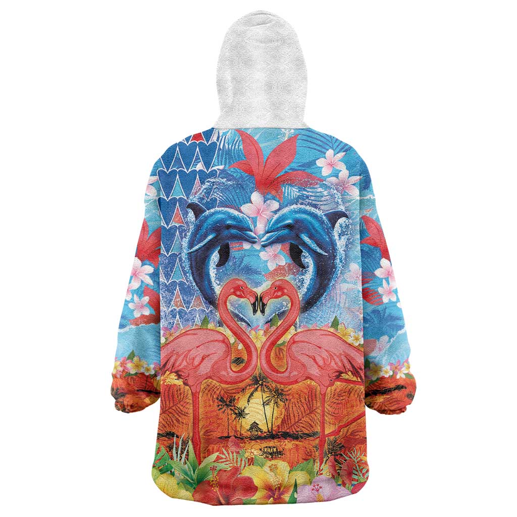 Hawaiian Love-Couple Dolphins and Flamingos Wearable Blanket Hoodie - Polynesian Pride