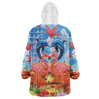 Hawaiian Love-Couple Dolphins and Flamingos Wearable Blanket Hoodie - Polynesian Pride