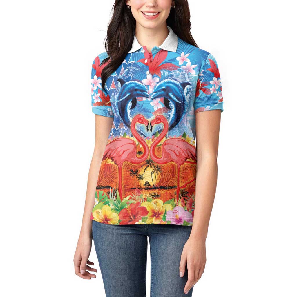 Hawaiian Love-Couple Dolphins and Flamingos Women Polo Shirt - Polynesian Pride