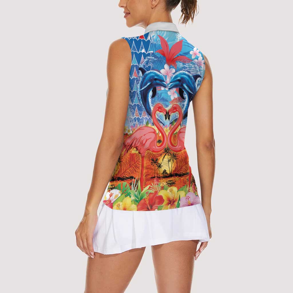 Hawaiian Love-Couple Dolphins and Flamingos Women Sleeveless Polo Shirt - Polynesian Pride