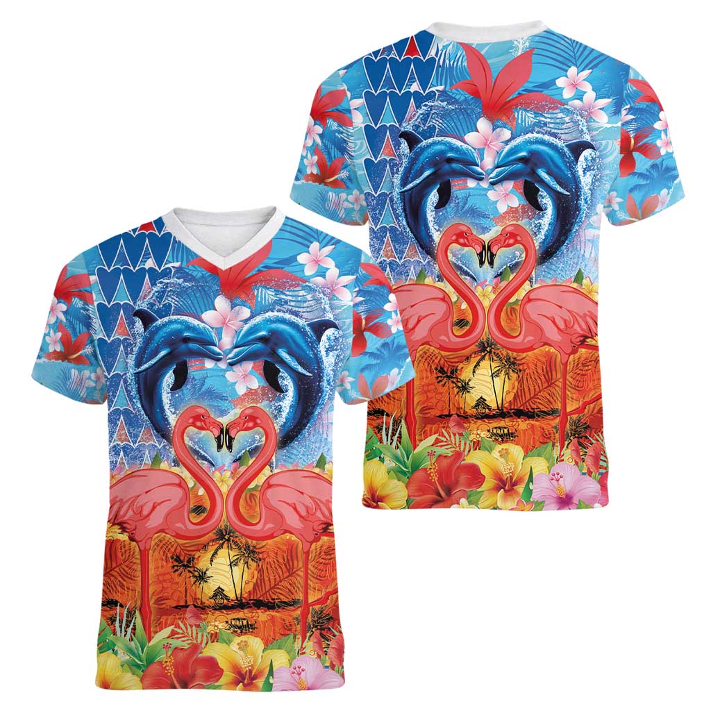 Hawaiian Love-Couple Dolphins and Flamingos Women V-Neck T-Shirt - Polynesian Pride