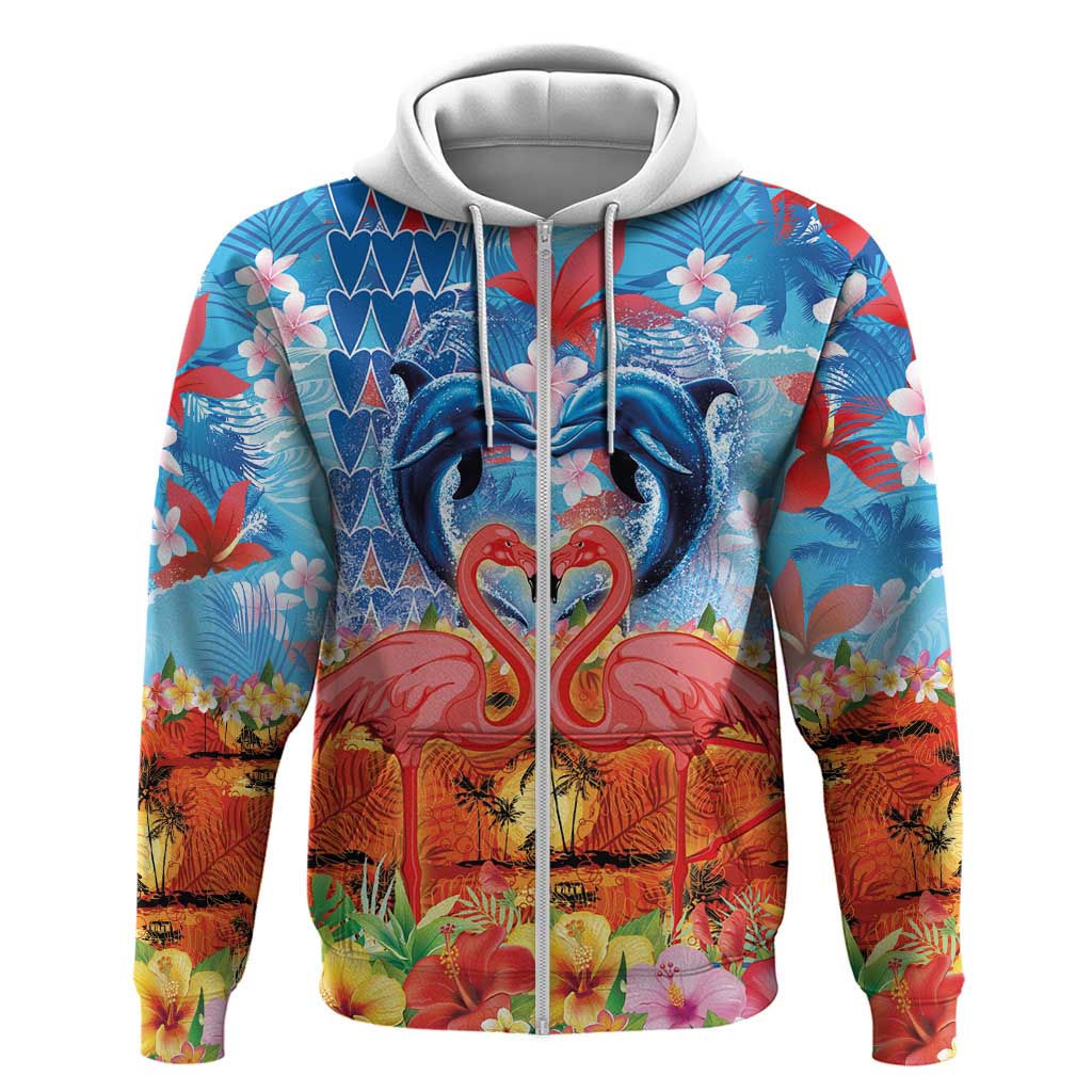 Hawaiian Love-Couple Dolphins and Flamingos Zip Hoodie - Polynesian Pride