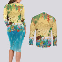 Hawaiian Alohawaii Couples Matching Long Sleeve Bodycon Dress and Long Sleeve Button Shirt Tropical Plants and Animals on The Beach - Polynesian Pride