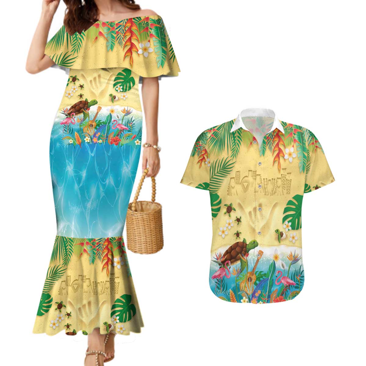 Hawaiian Alohawaii Couples Matching Mermaid Dress and Hawaiian Shirt Tropical Plants and Animals on The Beach - Polynesian Pride