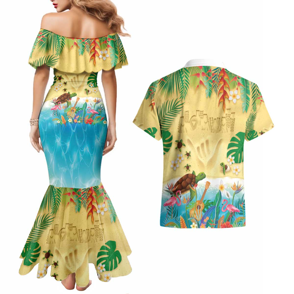 Hawaiian Alohawaii Couples Matching Mermaid Dress and Hawaiian Shirt Tropical Plants and Animals on The Beach - Polynesian Pride