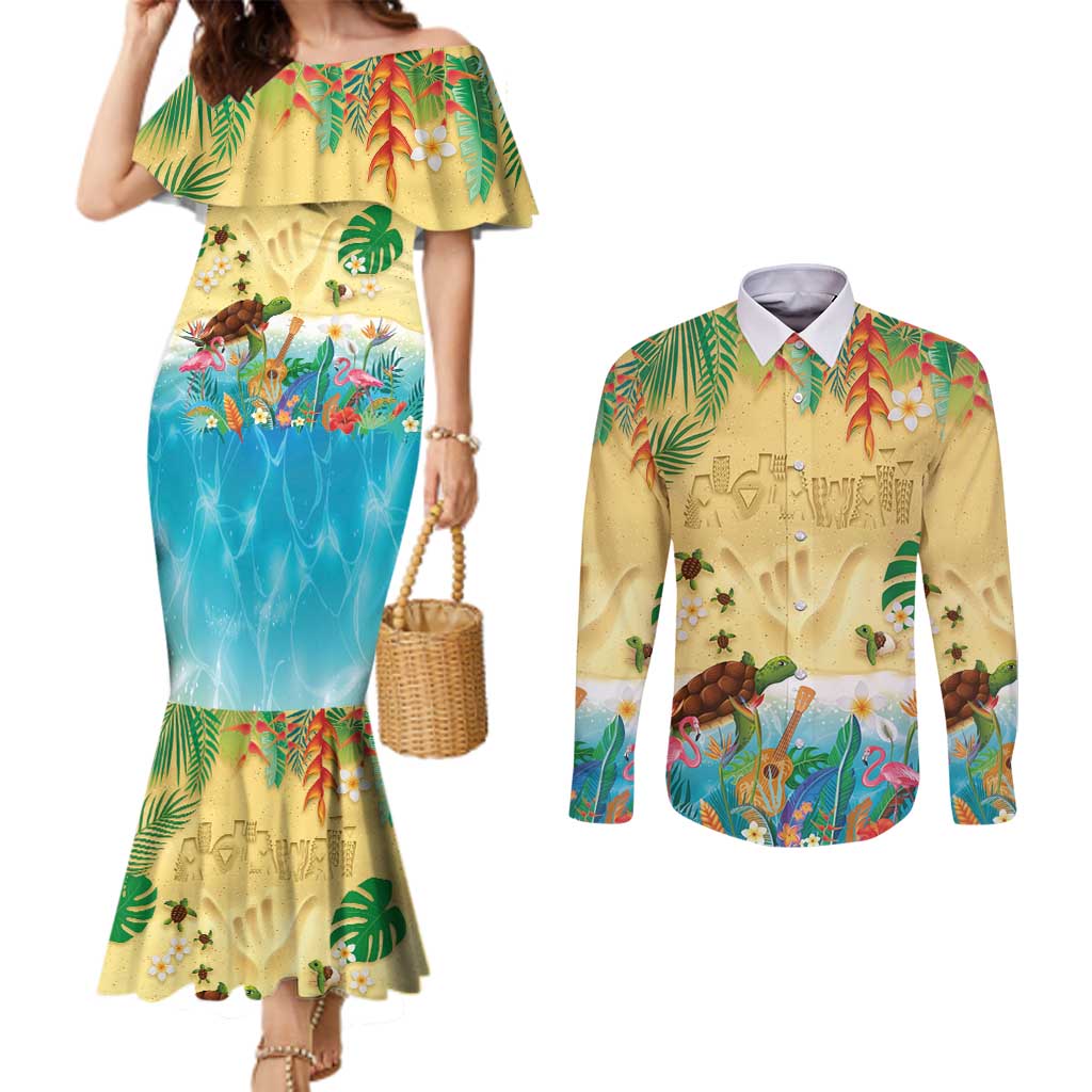 Hawaiian Alohawaii Couples Matching Mermaid Dress and Long Sleeve Button Shirt Tropical Plants and Animals on The Beach - Polynesian Pride