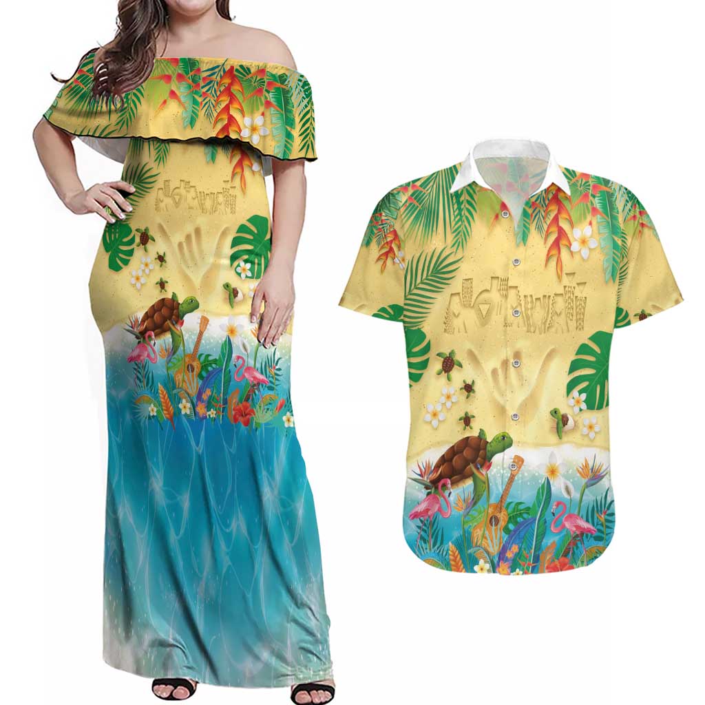 Hawaiian Alohawaii Couples Matching Off Shoulder Maxi Dress and Hawaiian Shirt Tropical Plants and Animals on The Beach - Polynesian Pride