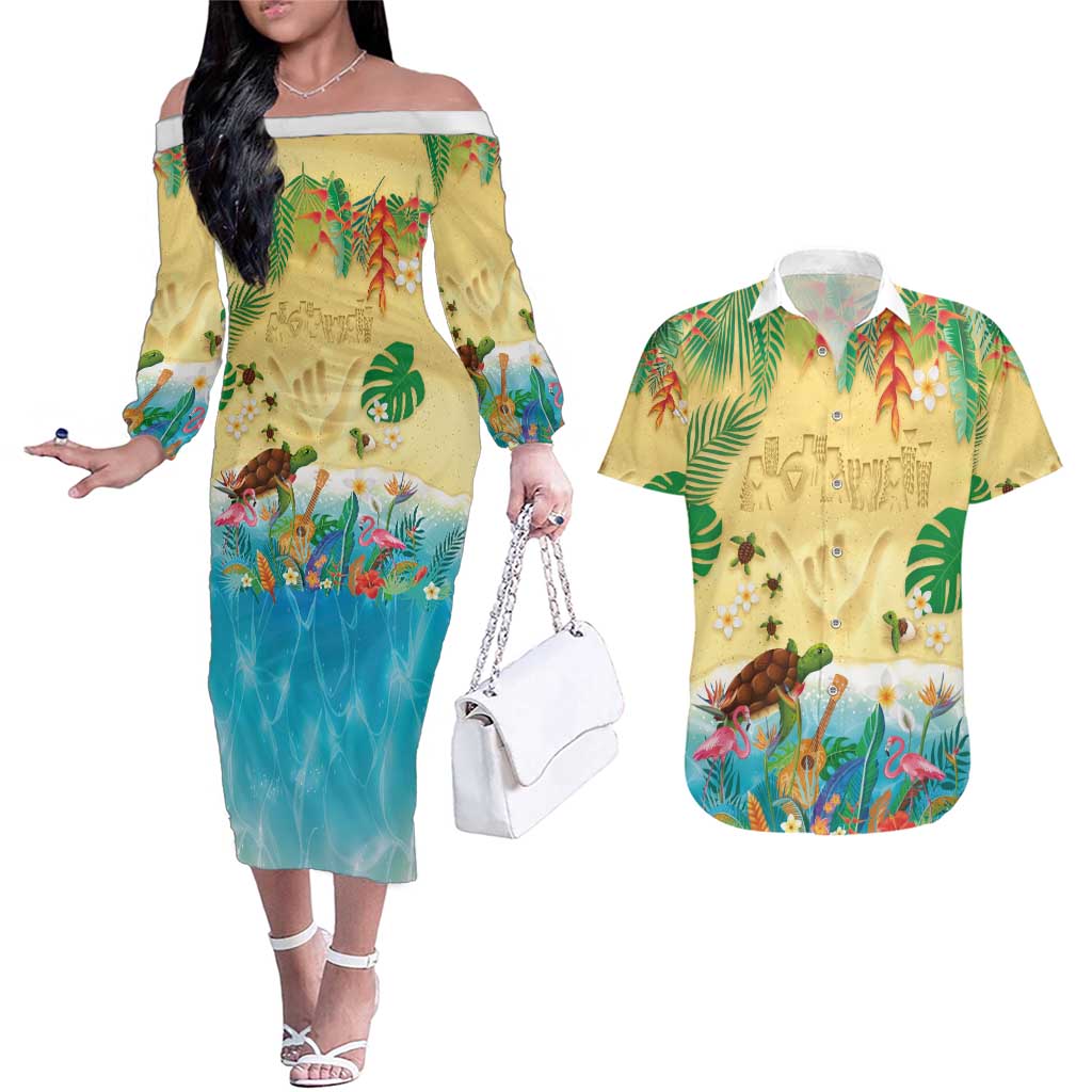 Hawaiian Alohawaii Couples Matching Off The Shoulder Long Sleeve Dress and Hawaiian Shirt Tropical Plants and Animals on The Beach - Polynesian Pride