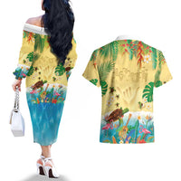 Hawaiian Alohawaii Couples Matching Off The Shoulder Long Sleeve Dress and Hawaiian Shirt Tropical Plants and Animals on The Beach - Polynesian Pride