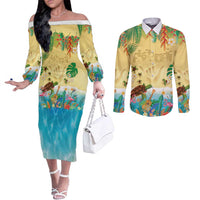 Hawaiian Alohawaii Couples Matching Off The Shoulder Long Sleeve Dress and Long Sleeve Button Shirt Tropical Plants and Animals on The Beach - Polynesian Pride
