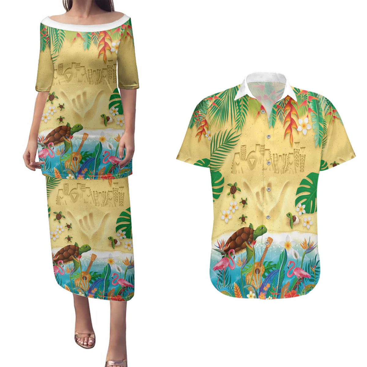Hawaiian Alohawaii Couples Matching Puletasi and Hawaiian Shirt Tropical Plants and Animals on The Beach - Polynesian Pride