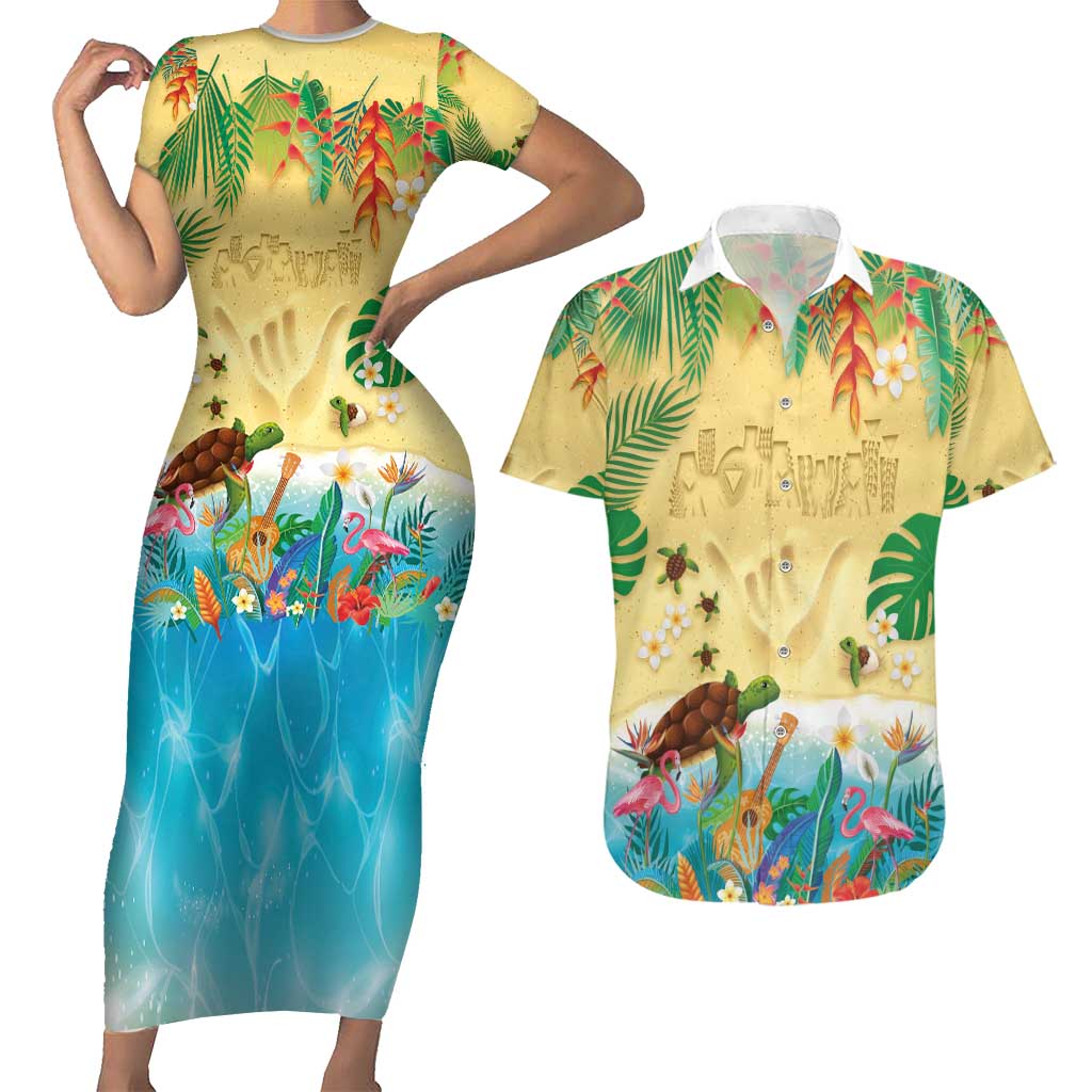 Hawaiian Alohawaii Couples Matching Short Sleeve Bodycon Dress and Hawaiian Shirt Tropical Plants and Animals on The Beach - Polynesian Pride