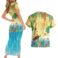 Hawaiian Alohawaii Couples Matching Short Sleeve Bodycon Dress and Hawaiian Shirt Tropical Plants and Animals on The Beach - Polynesian Pride