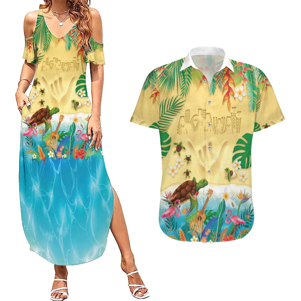 Hawaiian Alohawaii Couples Matching Summer Maxi Dress and Hawaiian Shirt Tropical Plants and Animals on The Beach - Polynesian Pride