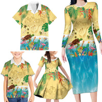 Hawaiian Alohawaii Family Matching Long Sleeve Bodycon Dress and Hawaiian Shirt Tropical Plants and Animals on The Beach - Polynesian Pride