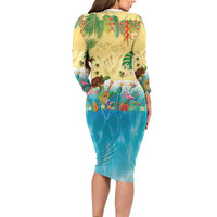 Hawaiian Alohawaii Family Matching Long Sleeve Bodycon Dress and Hawaiian Shirt Tropical Plants and Animals on The Beach - Polynesian Pride