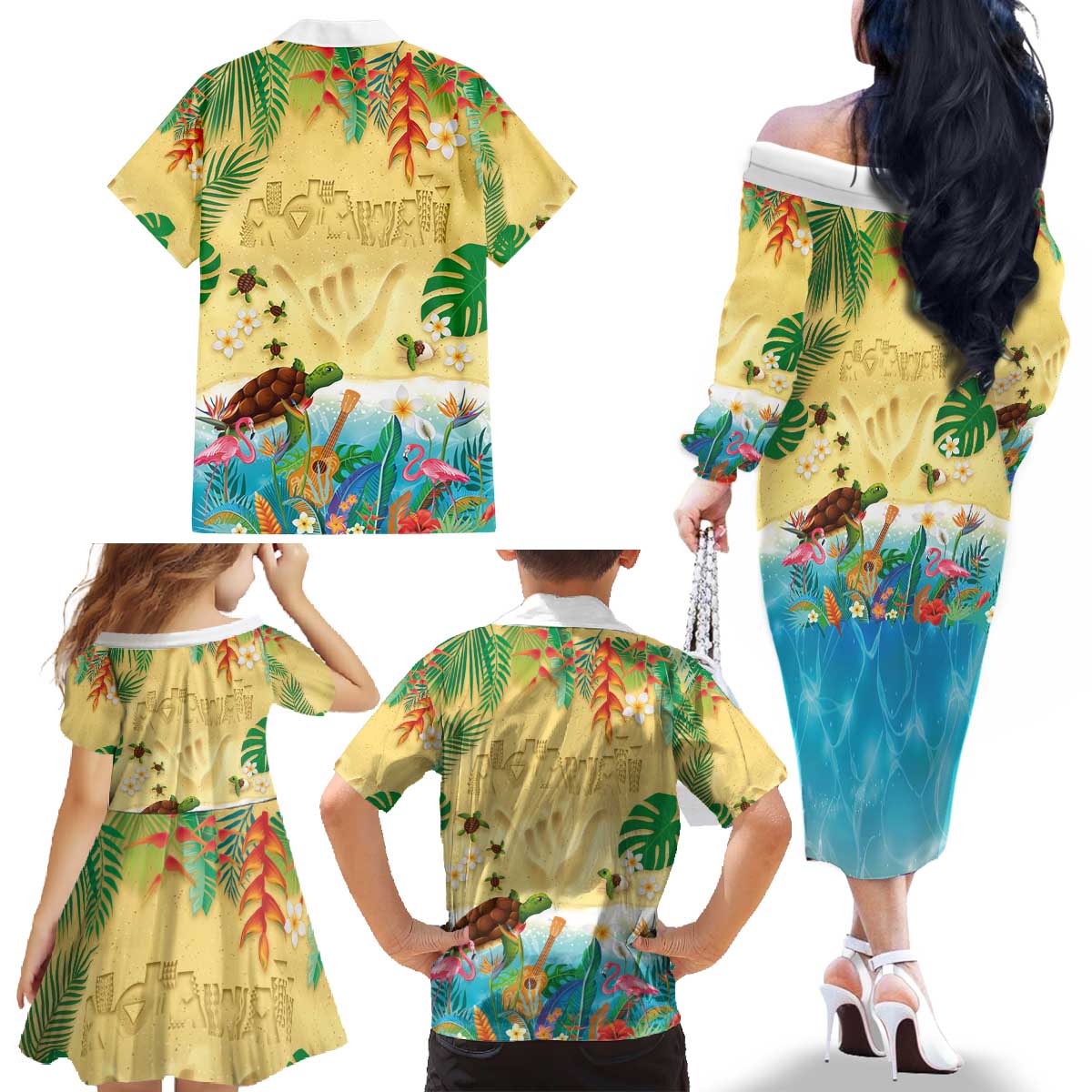 Hawaiian Alohawaii Family Matching Off The Shoulder Long Sleeve Dress and Hawaiian Shirt Tropical Plants and Animals on The Beach - Polynesian Pride