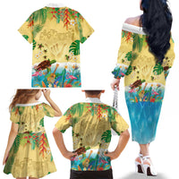 Hawaiian Alohawaii Family Matching Off The Shoulder Long Sleeve Dress and Hawaiian Shirt Tropical Plants and Animals on The Beach - Polynesian Pride