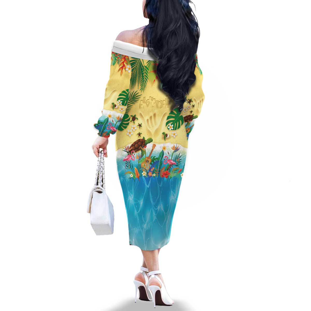 Hawaiian Alohawaii Family Matching Off The Shoulder Long Sleeve Dress and Hawaiian Shirt Tropical Plants and Animals on The Beach - Polynesian Pride