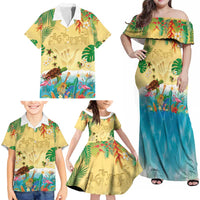 Hawaiian Alohawaii Family Matching Off Shoulder Maxi Dress and Hawaiian Shirt Tropical Plants and Animals on The Beach - Polynesian Pride