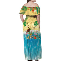 Hawaiian Alohawaii Family Matching Off Shoulder Maxi Dress and Hawaiian Shirt Tropical Plants and Animals on The Beach - Polynesian Pride