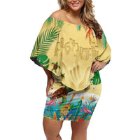 Hawaiian Alohawaii Family Matching Off Shoulder Short Dress and Hawaiian Shirt Tropical Plants and Animals on The Beach - Polynesian Pride