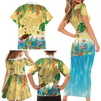 Hawaiian Alohawaii Family Matching Short Sleeve Bodycon Dress and Hawaiian Shirt Tropical Plants and Animals on The Beach - Polynesian Pride
