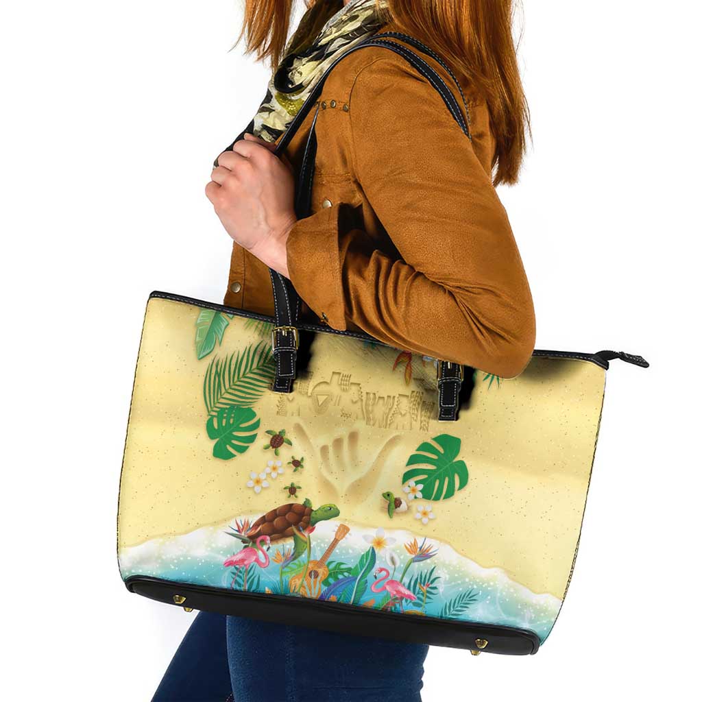 Hawaiian Alohawaii Leather Tote Bag Tropical Plants and Animals on The Beach - Polynesian Pride