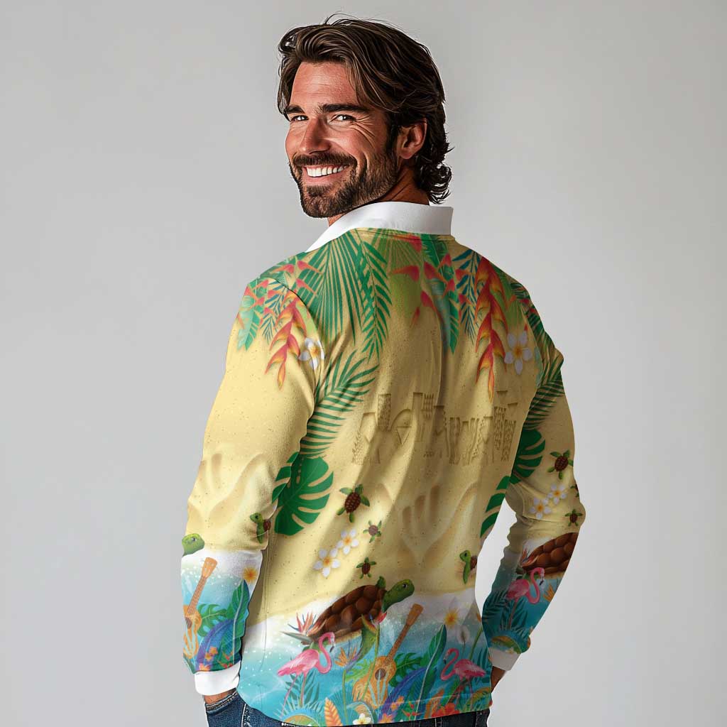 Hawaiian Alohawaii Long Sleeve Polo Shirt Tropical Plants and Animals on The Beach - Polynesian Pride