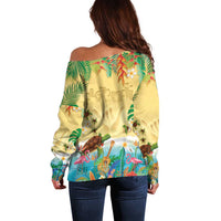 Hawaiian Alohawaii Off Shoulder Sweater Tropical Plants and Animals on The Beach - Polynesian Pride