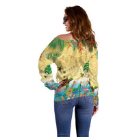Hawaiian Alohawaii Off Shoulder Sweater Tropical Plants and Animals on The Beach - Polynesian Pride