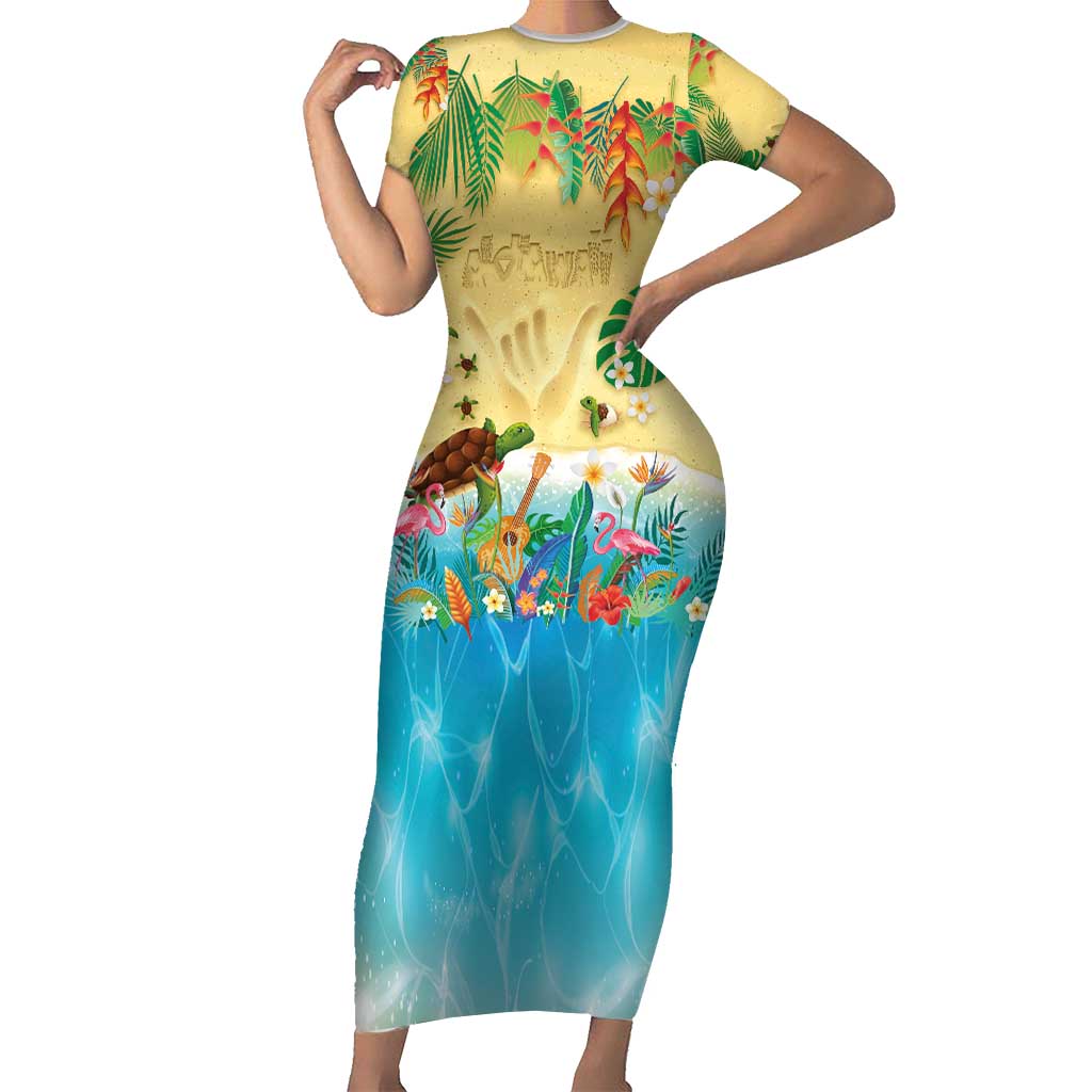 Hawaiian Alohawaii Short Sleeve Bodycon Dress Tropical Plants and Animals on The Beach - Polynesian Pride