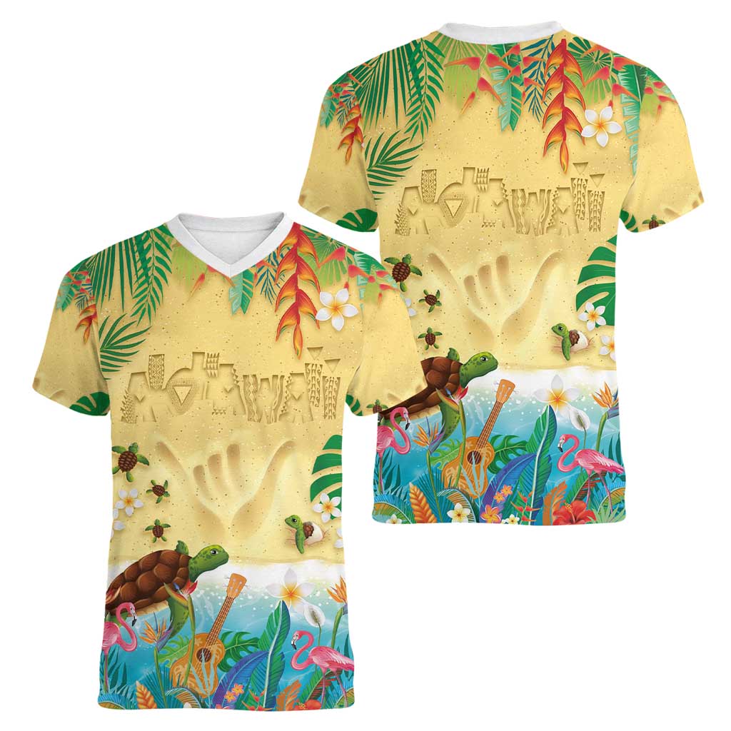 Hawaiian Alohawaii Women V-Neck T-Shirt Tropical Plants and Animals on The Beach - Polynesian Pride