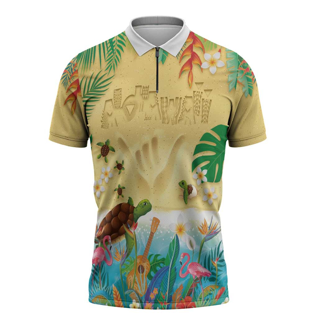 Hawaiian Alohawaii Zipper Polo Shirt Tropical Plants and Animals on The Beach - Polynesian Pride
