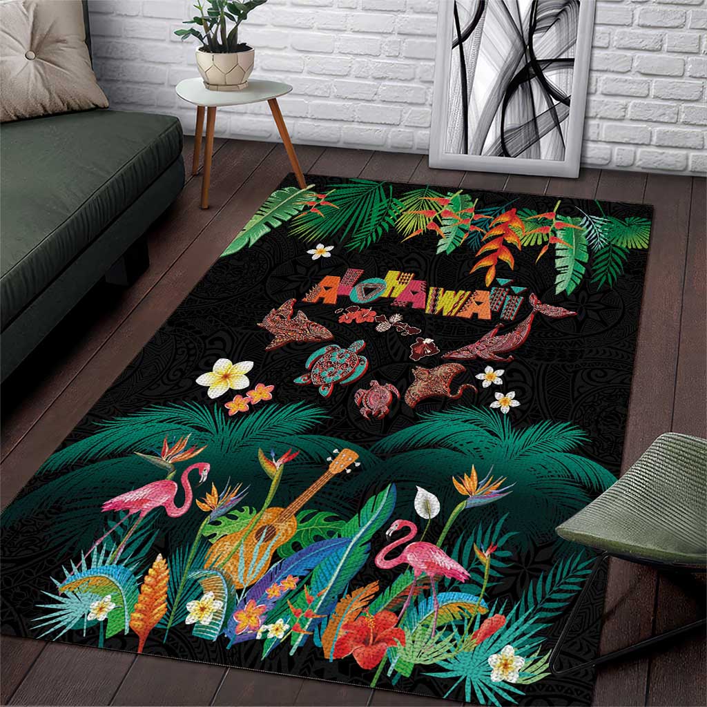 Hawaiian Alohawaii Area Rug Tribal Sea Animals Tattoo and Tropical Plants - Polynesian Pride