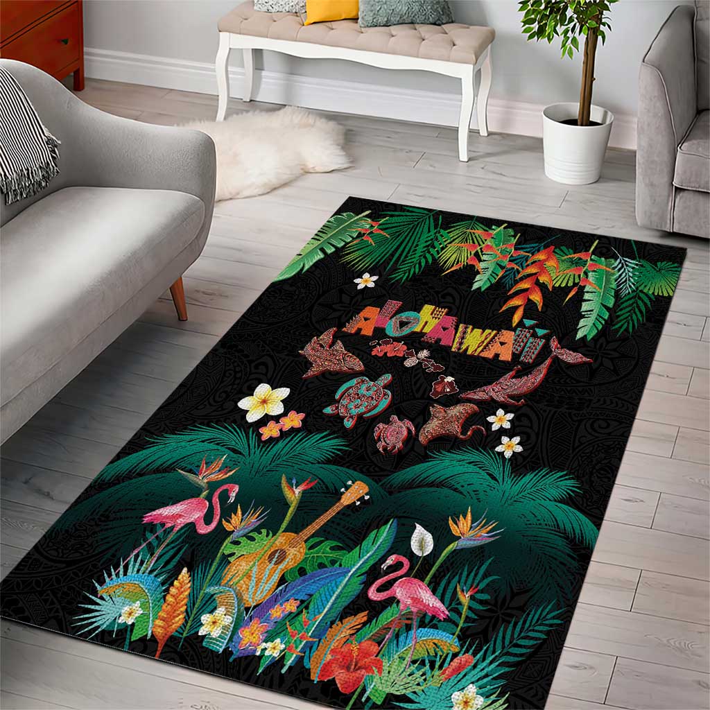 Hawaiian Alohawaii Area Rug Tribal Sea Animals Tattoo and Tropical Plants - Polynesian Pride