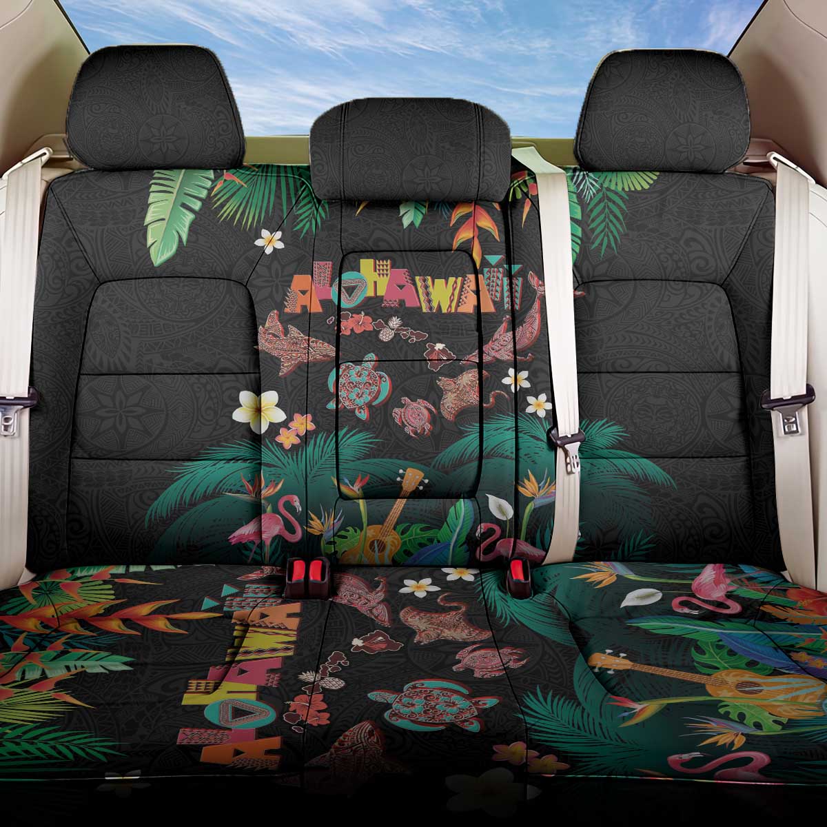 Hawaiian Alohawaii Back Car Seat Cover Tribal Sea Animals Tattoo and Tropical Plants - Polynesian Pride