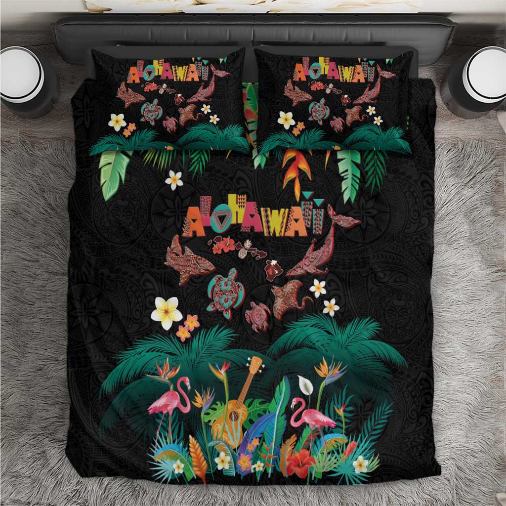 Hawaiian Alohawaii Bedding Set Tribal Sea Animals Tattoo and Tropical Plants - Polynesian Pride