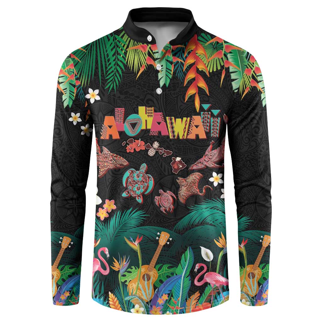 Hawaiian Alohawaii Button Sweatshirt Tribal Sea Animals Tattoo and Tropical Plants - Polynesian Pride