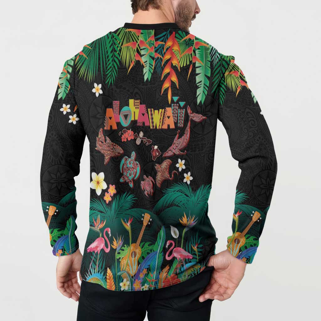 Hawaiian Alohawaii Button Sweatshirt Tribal Sea Animals Tattoo and Tropical Plants - Polynesian Pride
