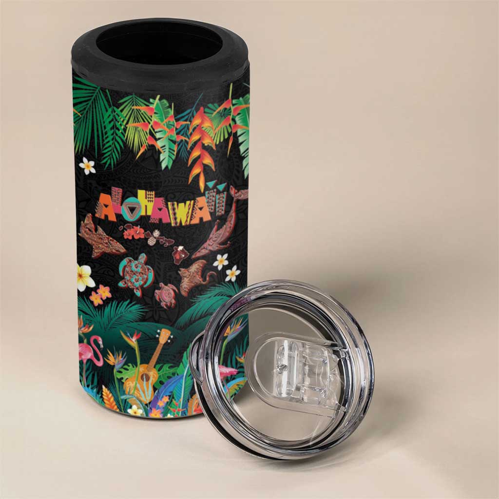 Hawaiian Alohawaii 4 in 1 Can Cooler Tumbler Tribal Sea Animals Tattoo and Tropical Plants - Polynesian Pride