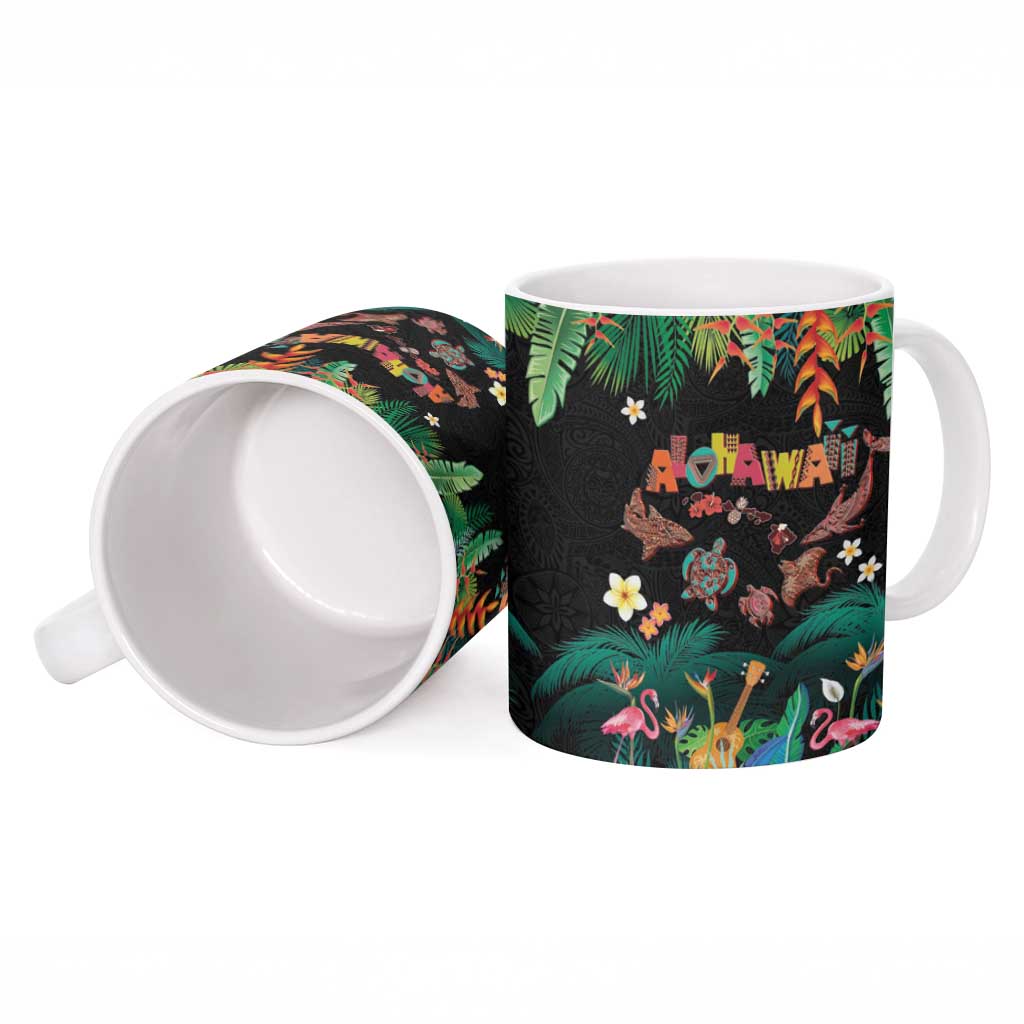 Hawaiian Alohawaii Ceramic Mug Tribal Sea Animals Tattoo and Tropical Plants - Polynesian Pride