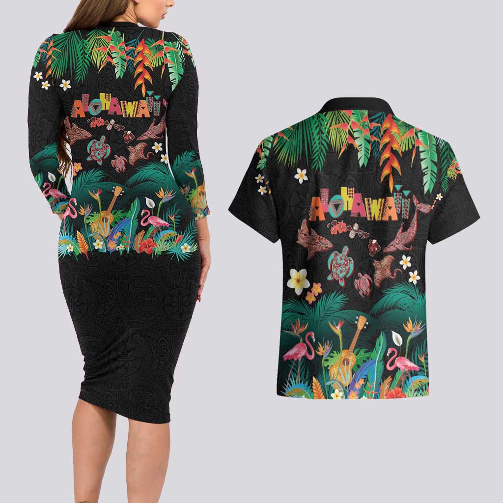 Hawaiian Alohawaii Couples Matching Long Sleeve Bodycon Dress and Hawaiian Shirt Tribal Sea Animals Tattoo and Tropical Plants - Polynesian Pride