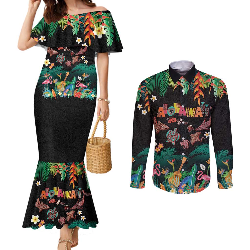 Hawaiian Alohawaii Couples Matching Mermaid Dress and Long Sleeve Button Shirt Tribal Sea Animals Tattoo and Tropical Plants - Polynesian Pride