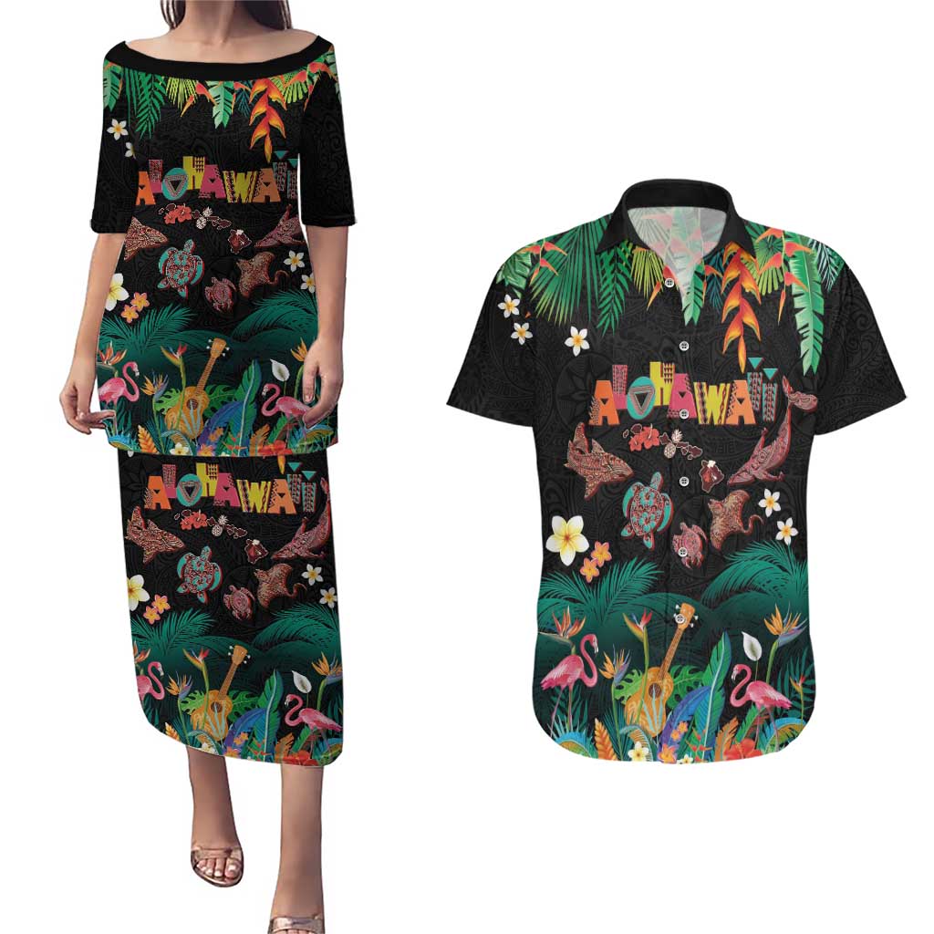 Hawaiian Alohawaii Couples Matching Puletasi and Hawaiian Shirt Tribal Sea Animals Tattoo and Tropical Plants LT03 Black - Polynesian Pride