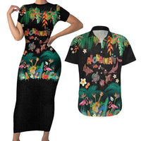Hawaiian Alohawaii Couples Matching Short Sleeve Bodycon Dress and Hawaiian Shirt Tribal Sea Animals Tattoo and Tropical Plants - Polynesian Pride